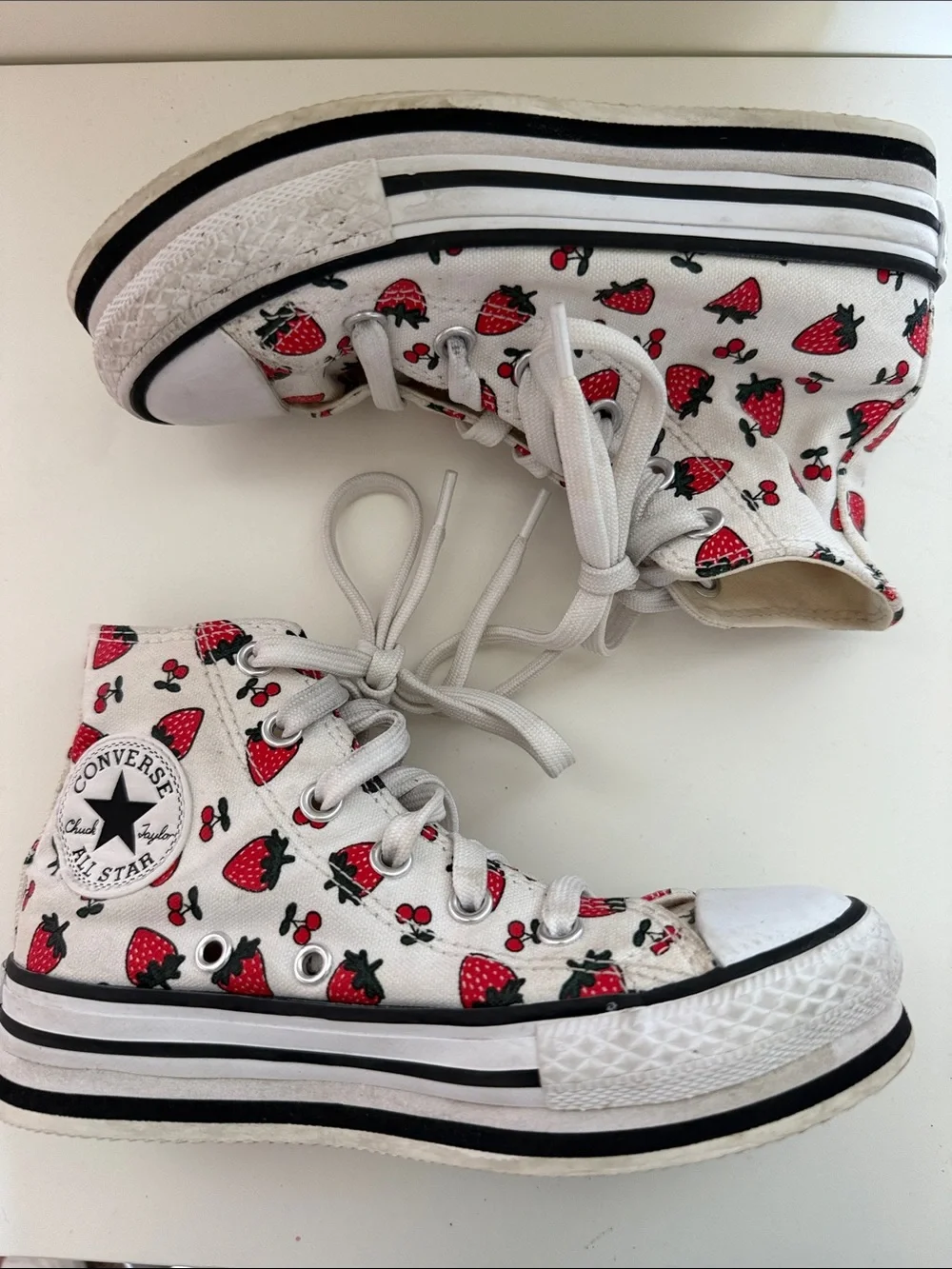 Converse Kids White High-Top Sneakers with Red Strawberry Print